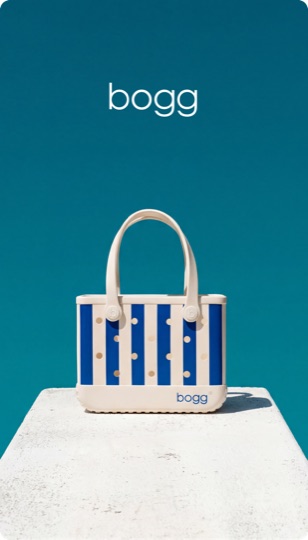 AI product ad for Bogg — striped tote bag on a teal set