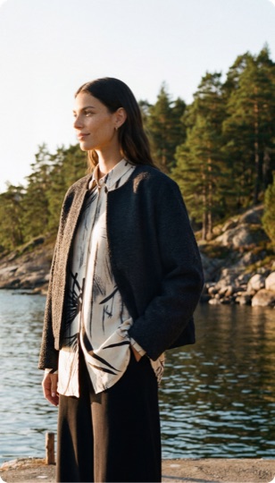 AI fashion editorial — tailored look shot by the water